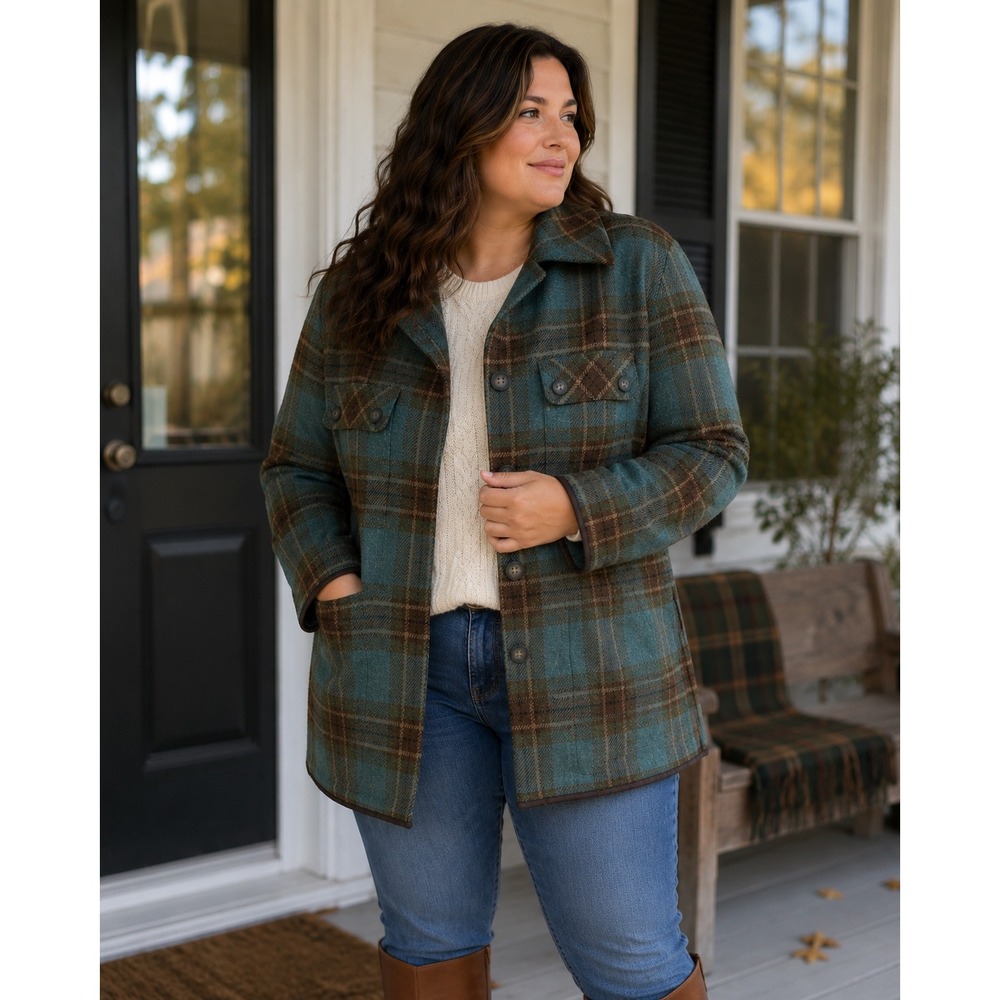 Vintage Clifford & Wills Plaid Wool Blend Coat Teal Brown Tartan 90s Size 14
